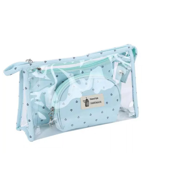 Packaging & Bag *Material: Clear PVC (PVC cold crack resistant minus 15 degree).<br>
*Structure: 3 panels bag.<br>
*Binding: Blue PEVA binding.<br>
*Zipper: Blue nylon zipper #5 fixed on top, with 1pc metal puller. <br>
