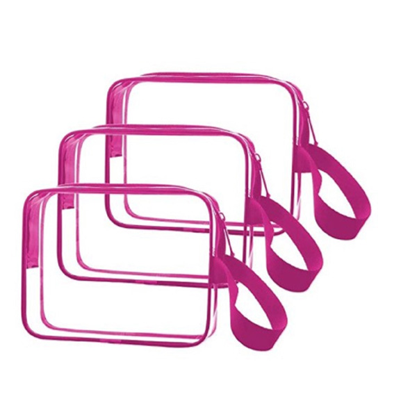 Packaging & Bag *Material: Clear PVC (PVC cold crack resistant minus 15 degree).<br>
*Structure: 5 panels bag.<br>
*Binding: Pink plastic piping binding.<br>
*Zipper:  Pink nylon zipper #5 fixed on top and drops to half of both side, with 1pc pink metal puller.<br> 
*Handle: 1pc pink woven strap handle on right.