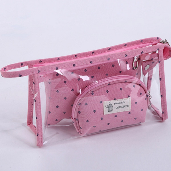 Packaging & Bag *Material: Clear PVC (PVC cold crack resistant minus 15 degree).<br>
*Structure: 3 panels bag.<br>
*Binding: Pink PEVA binding.<br>
*Zipper: Pink nylon zipper #5 fixed on top, with 1pc metal puller. 
