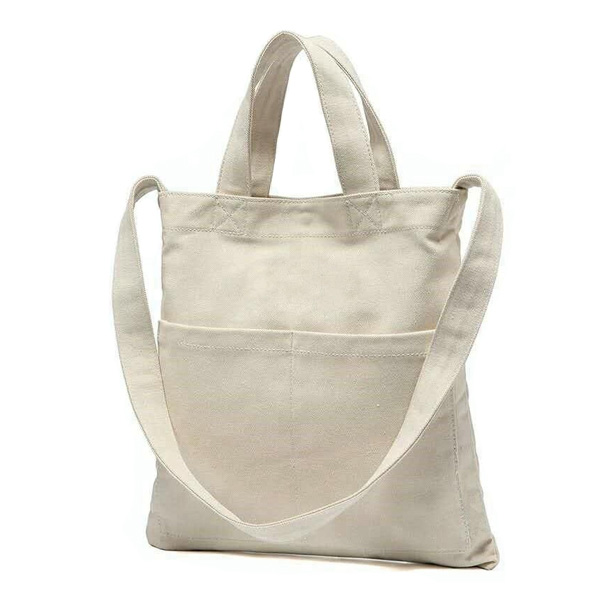 Packaging & Bag *Material: white cotton.<br>
*Handle: 2pcs handles fixed on top and 1pc long handle fixed on left and right side.<br>
*Pocket: 2pcs pockets at front side.<br>
*Printing: without.