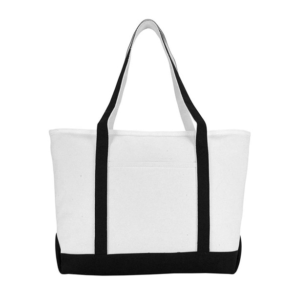 Packaging & Bag *Material: white & black cotton.<br>
*Handle: 2pcs black cotton handles fixed on top.<br>
*Pocket: at right side with 1pc pocket.<br>
*Printing: without.
