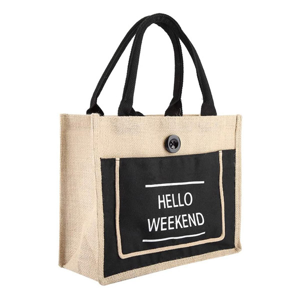 Packaging & Bag *Material: jute.<br>
*Handle: 2pcs black cotton handles fixed on top.<br>
*Pocket: at right side with 1pc pocket.<br>
*Printing: one white printing at front side.
