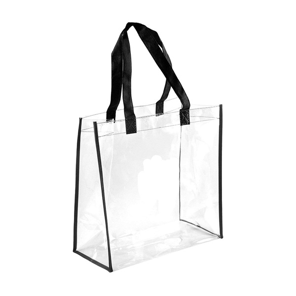 Packaging & Bag Stadium Bag
*Material: clear PVC 0.15mm (PVC cold crack resistant minus 15 degree).
*Binding: black PP webbing binding.
*Handle: 2pcs black PP webbing handles fixed on front and back sides.
*Printing: without.

