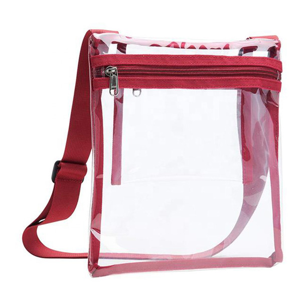 Packaging & Bag *Material: clear PVC 0.15mm (PVC cold crack resistant minus 15 degree).<br>
*Binding: wine red PP webbing binding.<br>
*Zipper: wine red nylzon zipper #5 fixed at front side, with 1pc nickel-plated metal puller.<br>
*Handle: 1pc wine red PP webbing handle at left and right side.<br>
*Printing: without.
