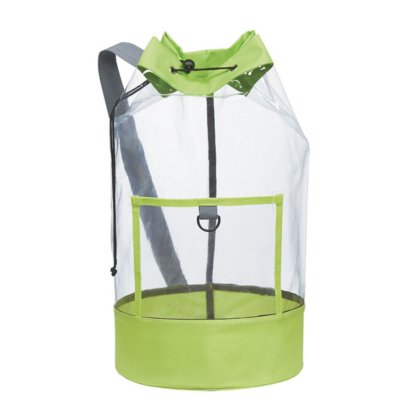 Packaging & Bag *Material: clear PVC 0.15mm & green oxford.<br>
*Drawstring: 1pc black PP drawstring circle the top, with 1pc black plastic stopper. <br>
*Handle: 1pc grey PP webbing handle at back side.<br>
*Pocket: 1pc clear PVC 0.15mm pocket at front side. <br>
*Printing: without.
