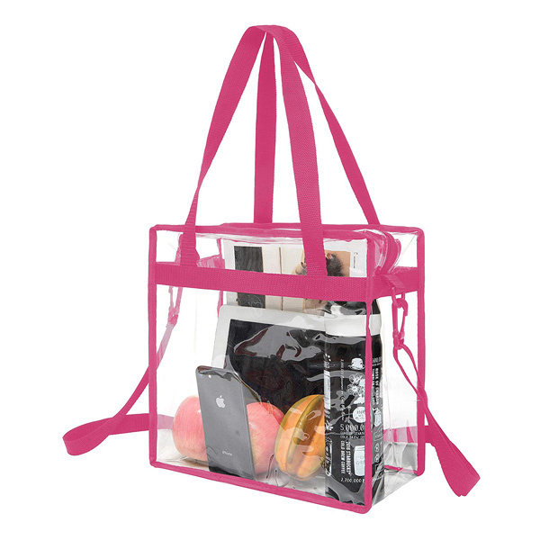 Packaging & Bag *Material: clear PVC 0.15mm (PVC cold crack resistant minus 15 degree).<br>
*Structure: 5 panel bag.<br>
*Binding: rope pink PP webbing binding.<br>
*Zipper: rose pink nylzon zipper #5 fixed in the middle of top and drops to both sides, with 1pc rose pink metal puller.<br>
*Handle: 2pcs rose pink PP webbing handles fixed on front and back sides, and 1pc long rose pink PP webbing handle at left and right side.<br>
*Printing: without.