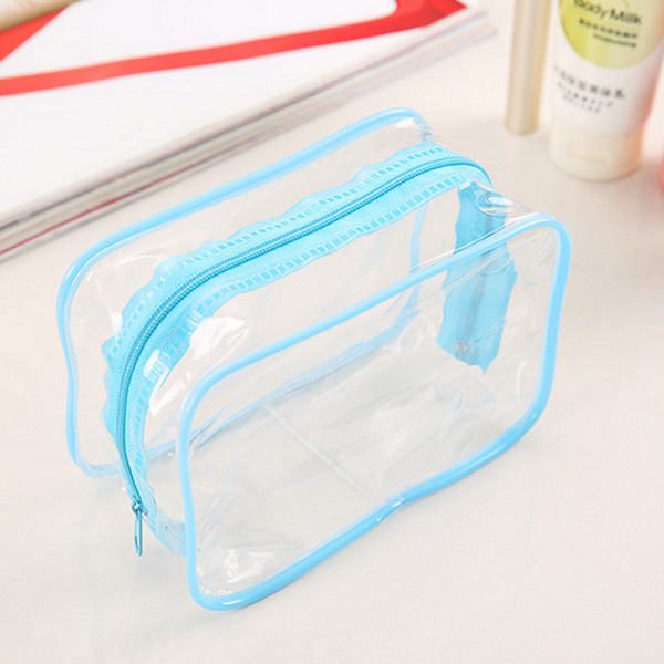 Packaging & Bag *Material: Clear PVC (PVC cold crack resistant minus 15 degree).<br>
*Structure: 3 panels bag.<br>
*Binding: Blue plastic piping binding.<br>
*Zipper: Blue nylon zipper #5 fixed on top and drops to half of both side, with 1pc blue metal puller. 