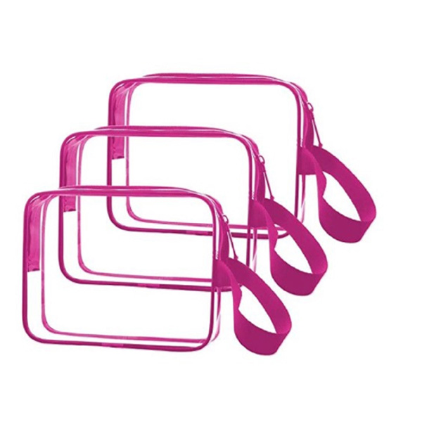 Packaging & Bag *Material: Clear PVC (PVC cold crack resistant minus 15 degree).<br>
*Structure: 5 panels bag.<br>
*Binding: Pink plastic piping binding.<br>
*Zipper:  Pink nylon zipper #5 fixed on top and drops to half of both side, with 1pc pink metal puller. <br>
*Handle: 1pc pink woven strap handle on right.